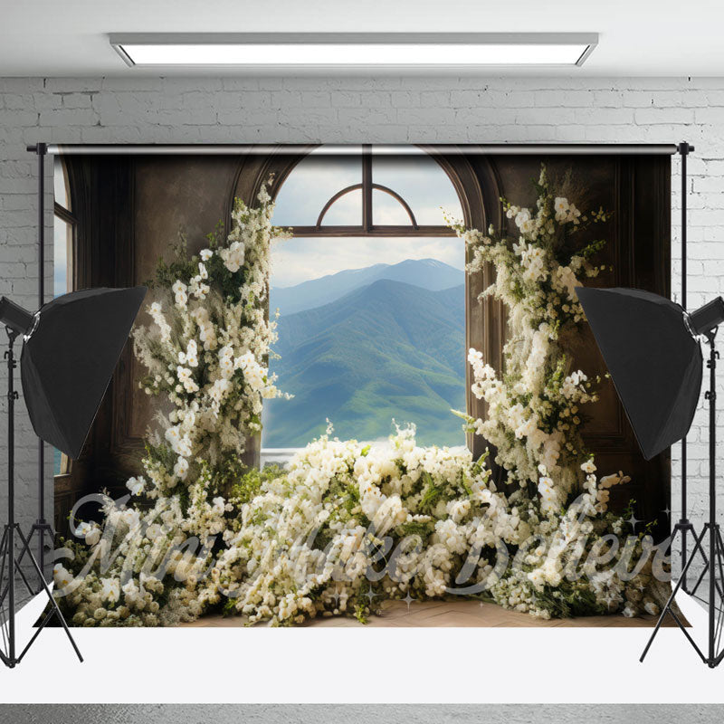 Lofaris White Floral Window Mountain Retro Wall Backdrop