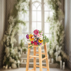 Lofaris White Floral Window Stairs Candle Spring Backdrop