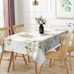 Lofaris White Flower Green Leaf Spring Rectangle Tablecloth