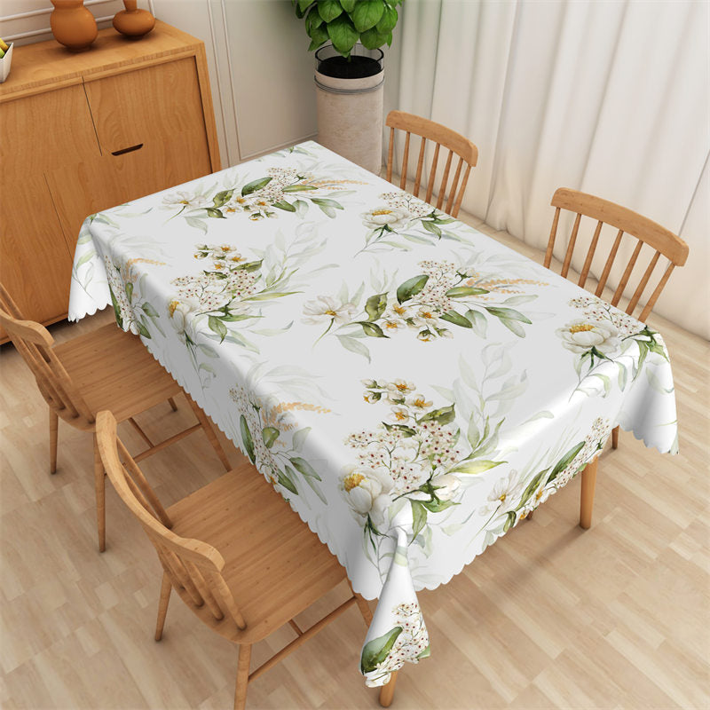 Lofaris White Flower Green Leaf Spring Rectangle Tablecloth