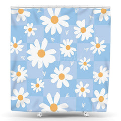 Lofaris White Flowers Blue Plaid Birthday Shower Curtain