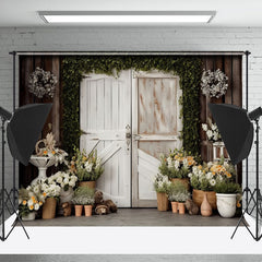 Lofaris White Gate Green Leaves Floral Wood Birthday Backdrop