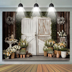 Lofaris White Gate Green Leaves Floral Wood Birthday Backdrop