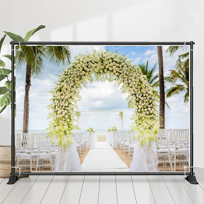 Lofaris White Gauze Flower Arch Seaside Wedding Backdrop