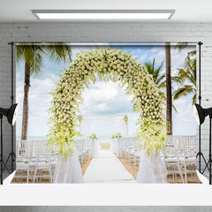 Lofaris White Gauze Flower Arch Seaside Wedding Backdrop