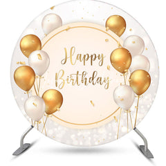 Lofaris White Gold Balloons Round Happy Birthday Backdrop