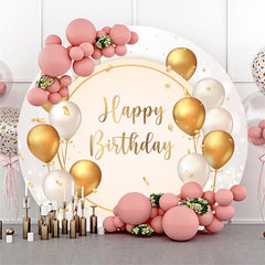 Lofaris White Gold Balloons Round Happy Birthday Backdrop