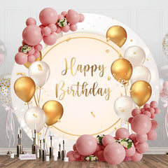 Lofaris White Gold Balloons Round Happy Birthday Backdrop