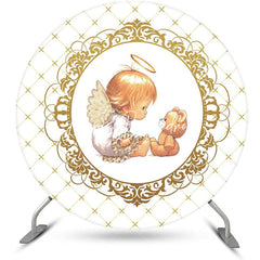 Lofaris White Gold Bear Plaid Angel Baby Baptism Backdrop