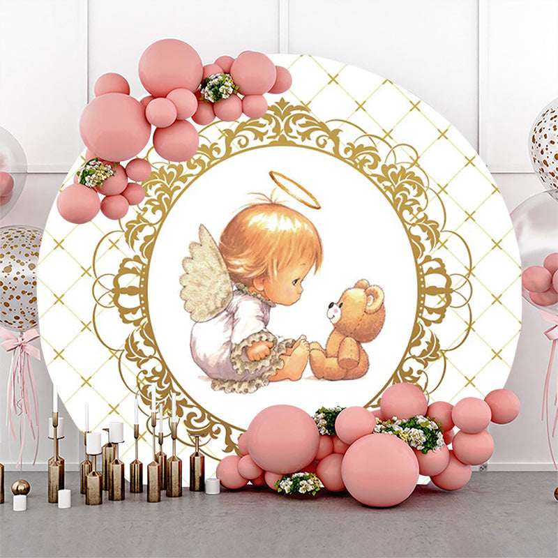 Lofaris White Gold Bear Plaid Angel Baby Baptism Backdrop