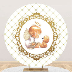 Lofaris White Gold Bear Plaid Angel Baby Baptism Backdrop