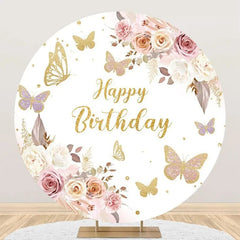 Lofaris White Gold Floral Butterfly Round Birthday Backdrop