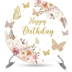 Lofaris White Gold Floral Butterfly Round Birthday Backdrop