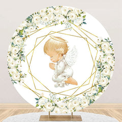 Lofaris White Gold Floral Leaves Angel Baby Baptism Backdrop