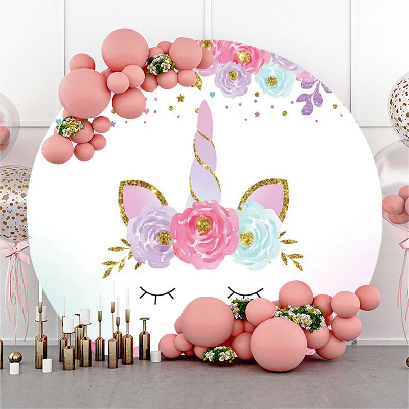 Lofaris White Gold Unicorn Floral Round Birthday Backdrop