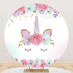 Lofaris White Gold Unicorn Floral Round Birthday Backdrop