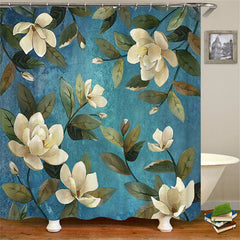 Lofaris White Magnolia Blue Home Bathroom Shower Curtain