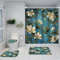 Lofaris White Magnolia Blue Home Bathroom Shower Curtain