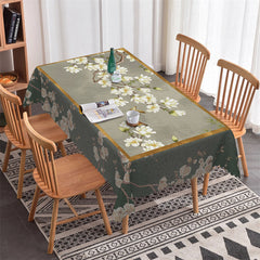 Lofaris White Magnolia Green Pastoral Rectangle Tablecloth