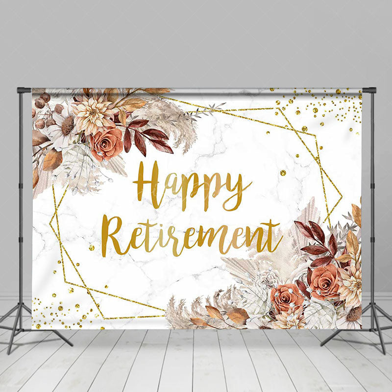 Lofaris White Marbled Boho Floral Gold Retirement Backdrop