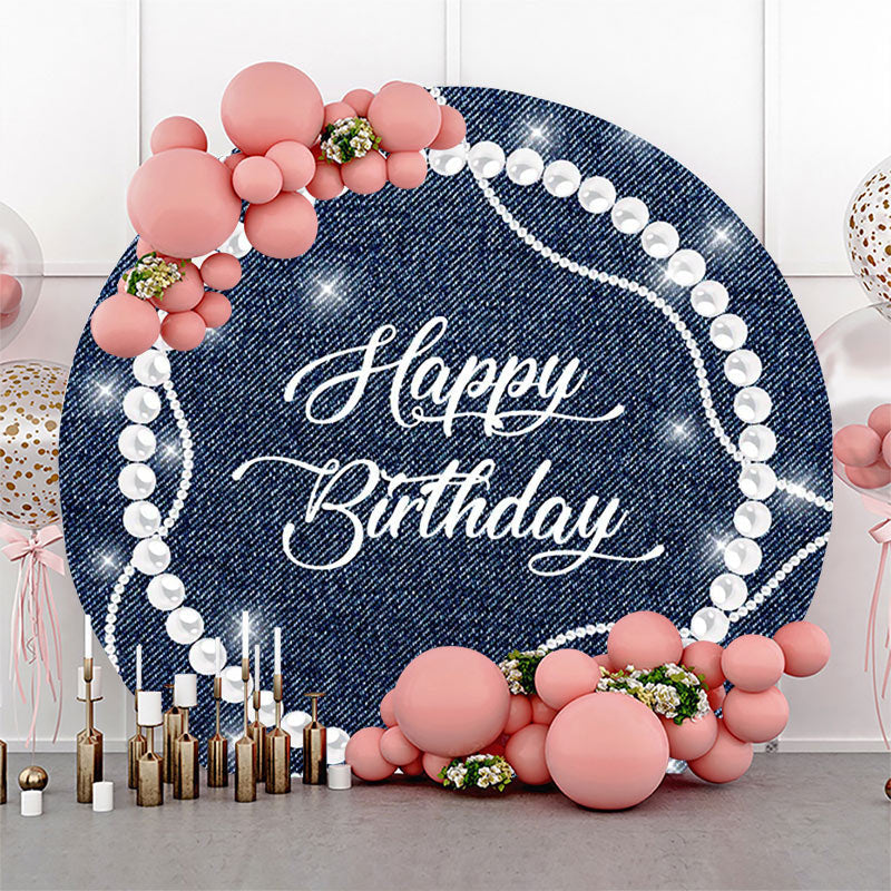 Lofaris White Pearl Diamond Denim Round Birthday Backdrop