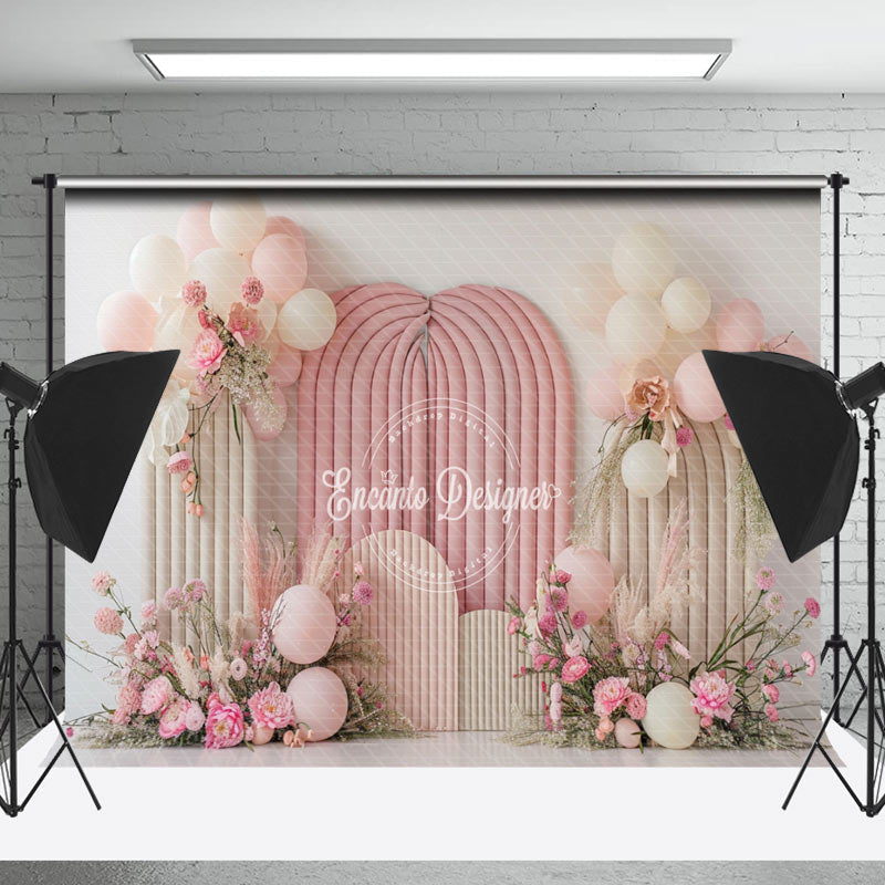 Lofaris White Pink Balloon Floral Spring Cake Smash Backdrop