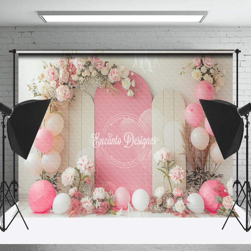 Lofaris White Pink Balloons Floral Cake Smash Photo Backdrop