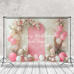 Lofaris White Pink Balloons Floral Cake Smash Photo Backdrop