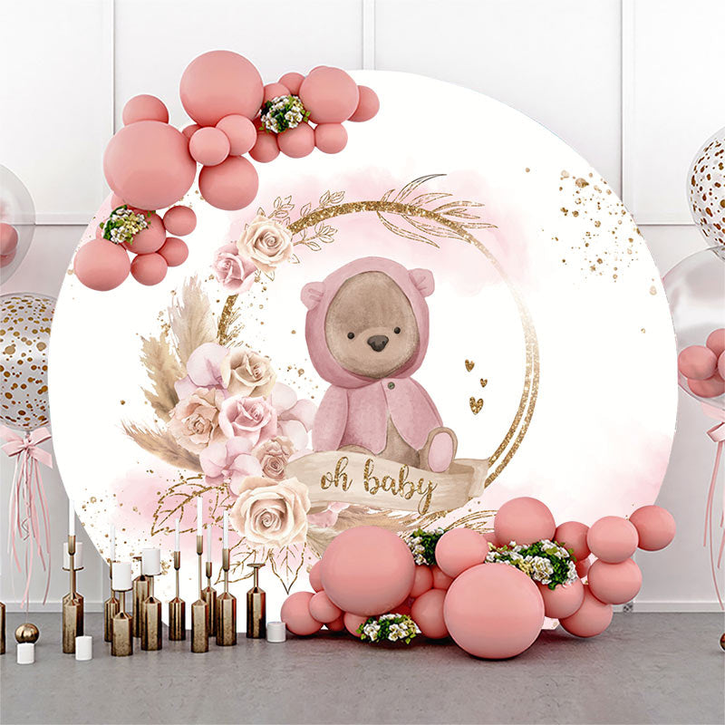 Lofaris White Pink Bear Floral Round Baby Shower Backdrop