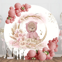 Lofaris White Pink Bear Floral Round Baby Shower Backdrop