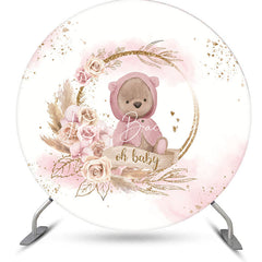 Lofaris White Pink Bear Floral Round Baby Shower Backdrop