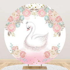 Lofaris White Pink Blue Floral Swan Round Birthday Backdrop