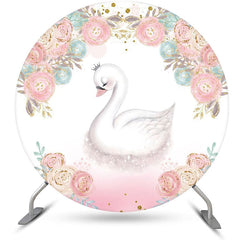 Lofaris White Pink Blue Floral Swan Round Birthday Backdrop