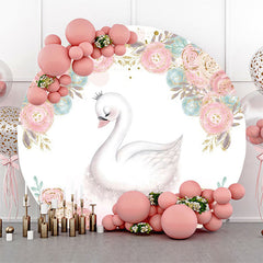 Lofaris White Pink Blue Floral Swan Round Birthday Backdrop