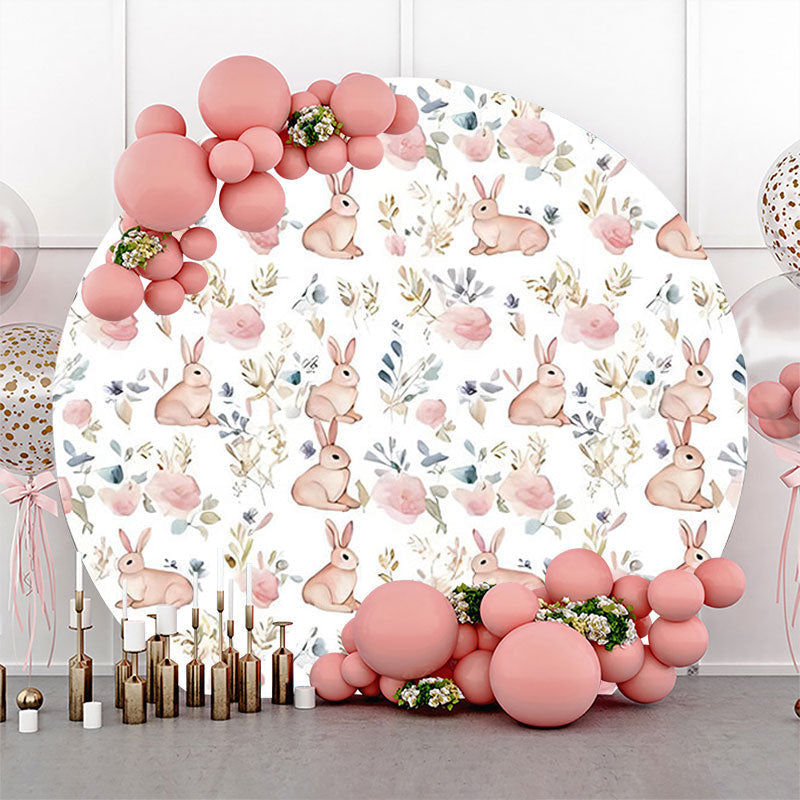 Lofaris White Pink Bunny Greenery Round Birthday Backdrop