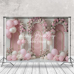 Lofaris White Pink Floral Balloons Cake Smash Photo Backdrop