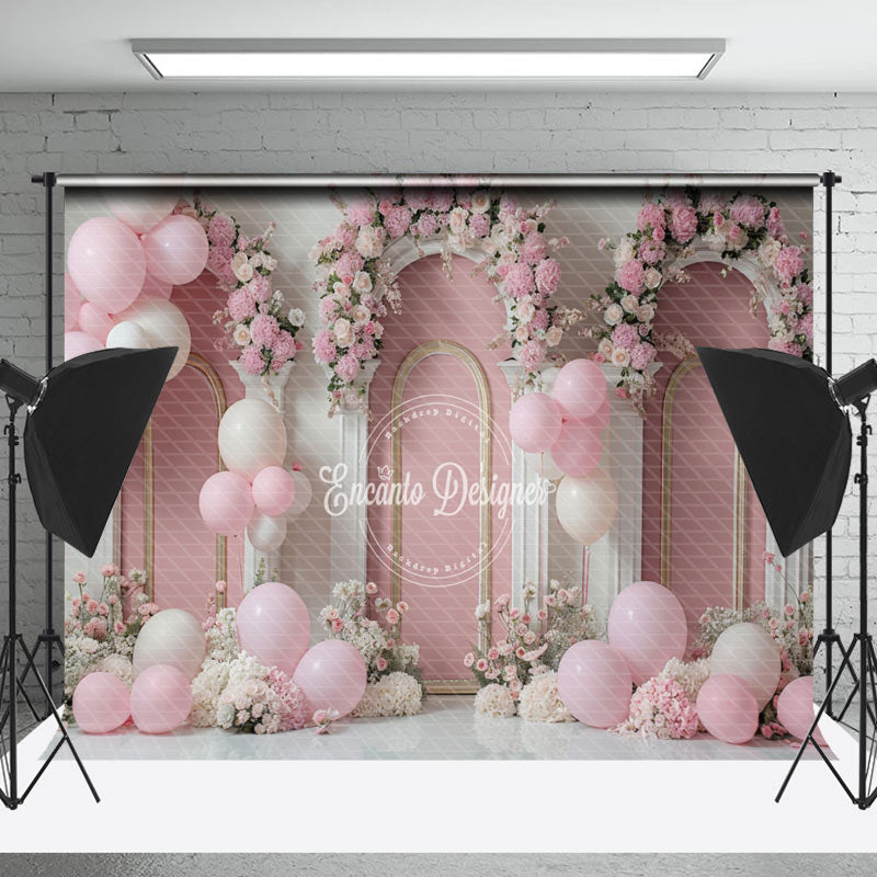 Lofaris White Pink Floral Balloons Cake Smash Photo Backdrop