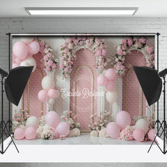 Lofaris White Pink Floral Balloons Cake Smash Photo Backdrop