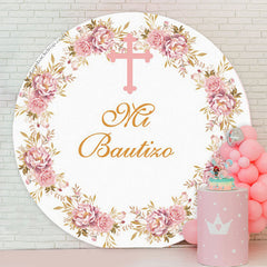 Lofaris White Pink Floral Cross Round Backdrop For Baptism