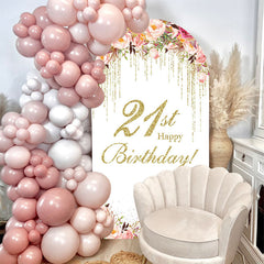 Lofaris White Pink Floral Gold 21st Birthday Arch Backdrop