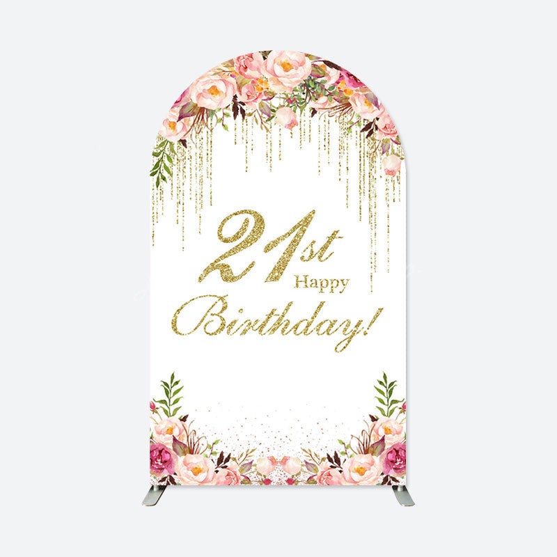 Lofaris White Pink Floral Gold 21st Birthday Arch Backdrop