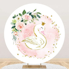 Lofaris White Pink Floral Leaf Swan Round Birthday Backdrop