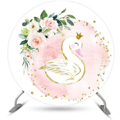 Lofaris White Pink Floral Leaf Swan Round Birthday Backdrop