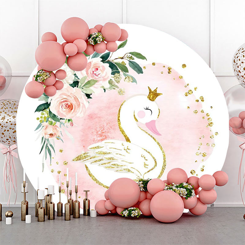 Lofaris White Pink Floral Leaf Swan Round Birthday Backdrop