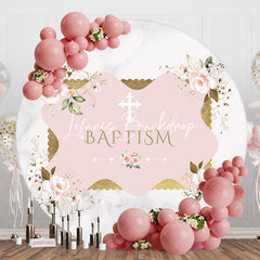 Lofaris White Pink Floral Marbled Round Baptism Backdrop