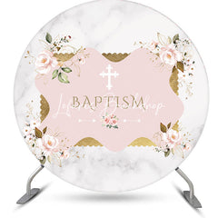 Lofaris White Pink Floral Marbled Round Baptism Backdrop