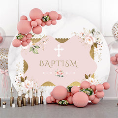 Lofaris White Pink Floral Marbled Round Baptism Backdrop