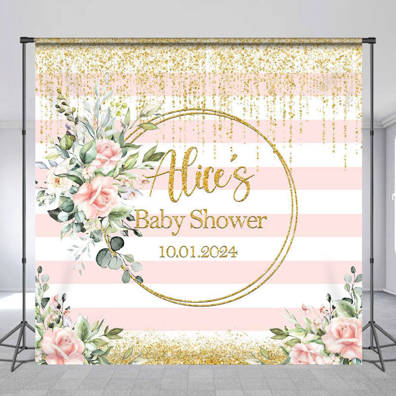 Lofaris White Pink Floral Stripe Custom Baby Shower Backdrop