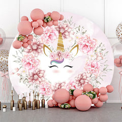 Lofaris White Pink Floral Unicorn Round Birthday Backdrop