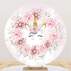 Lofaris White Pink Floral Unicorn Round Birthday Backdrop